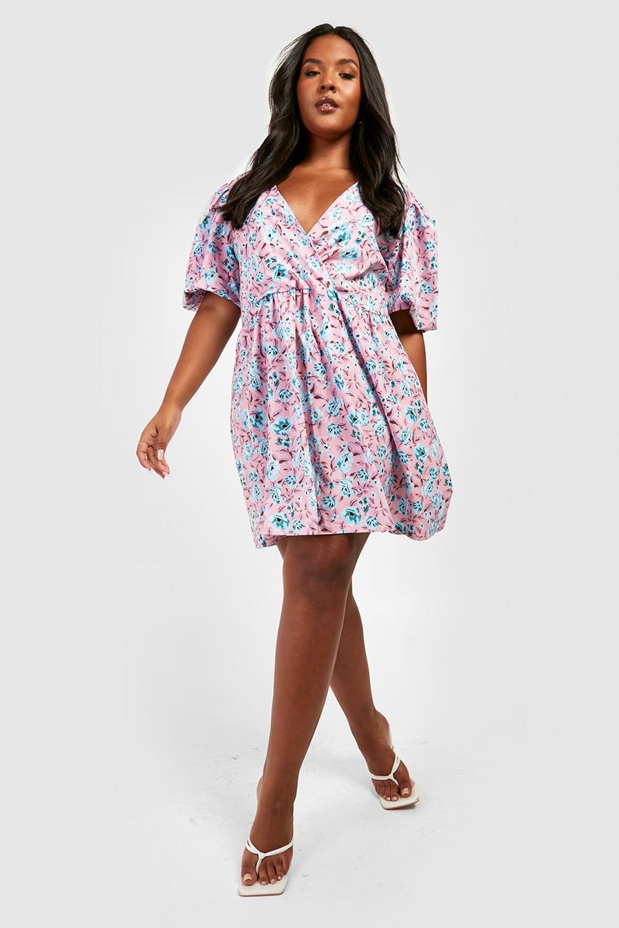 Pink rosa Plus Floral Puff Sleeve Wrap Skater Dress