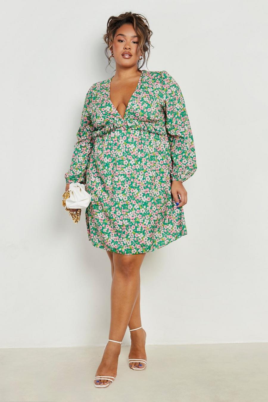 Green Plus Floral Ruffle Skater Dress image number 1
