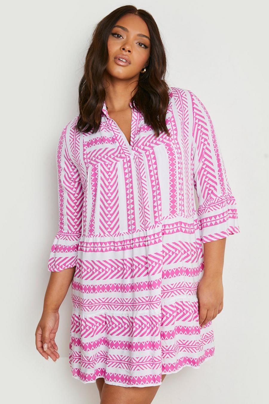 Grande taille - Robe volantée à imprimé aztèque, Hot pink image number 1