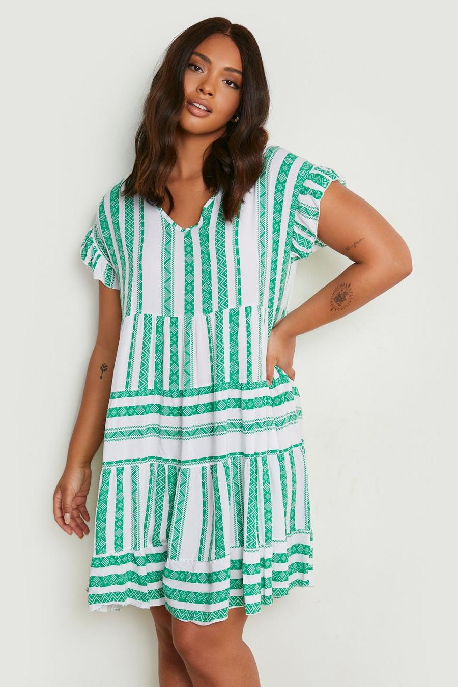 Green Plus Aztec Tiered Ruffle Smock Dress image number 1