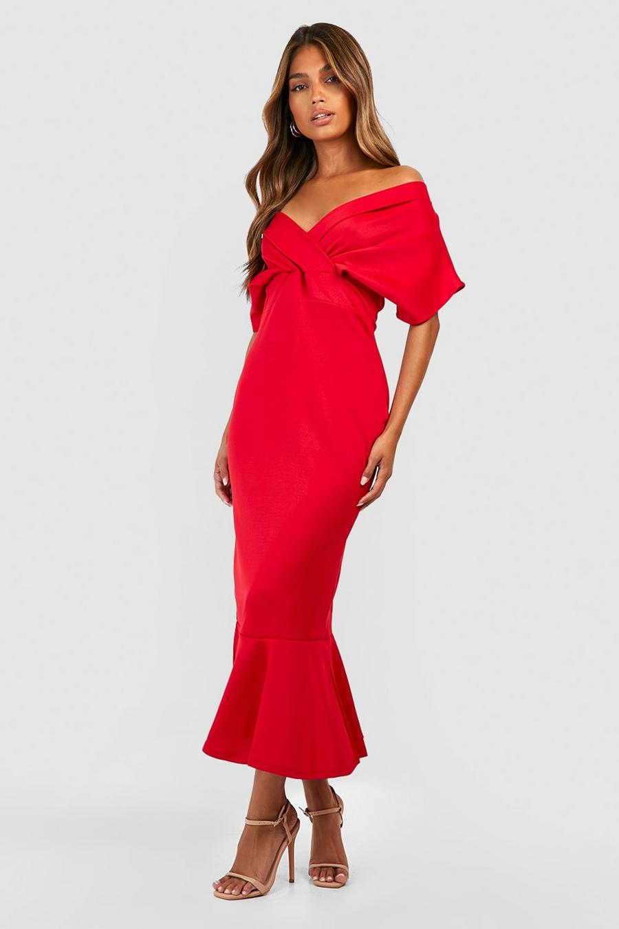 Red שמלת מידקסי פפלום מבד סקובה עם כתפיים חשופות image number 1