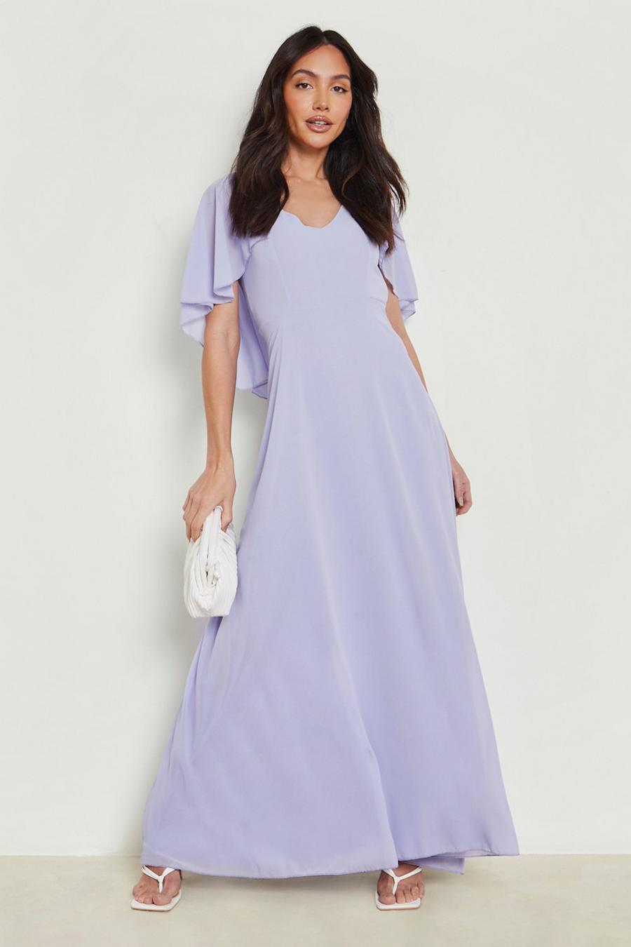 Lilac Chiffon Cape Sleeve Maxi Bridesmaid Dress