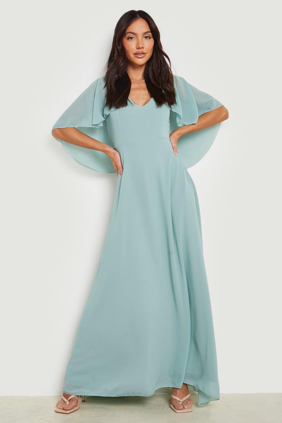 Sage green Chiffon Cape Sleeve Maxi Bridesmaid Dress image number 1