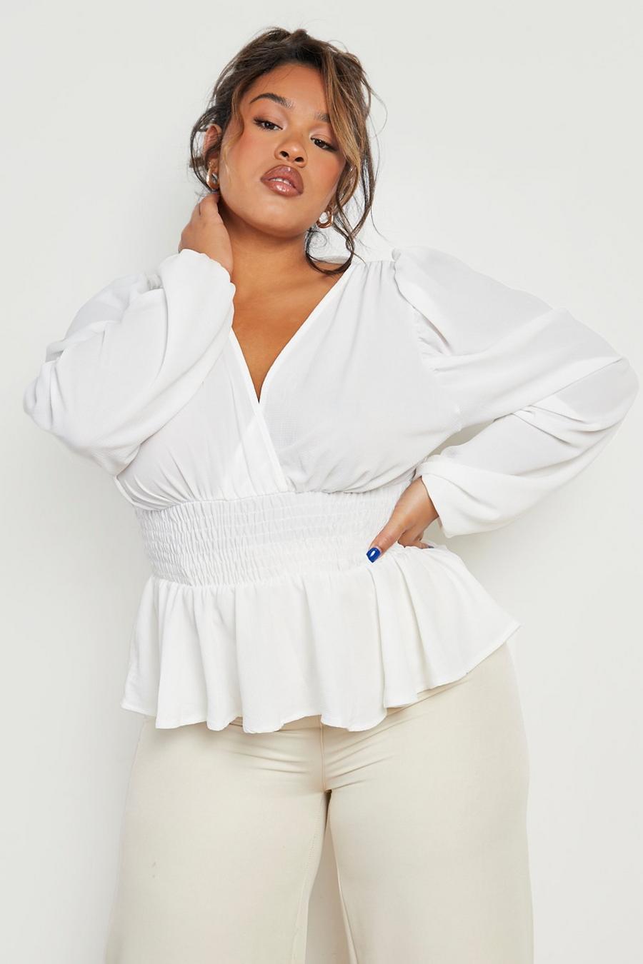 White Plus Woven Wrap Shirred Peplum Top  image number 1