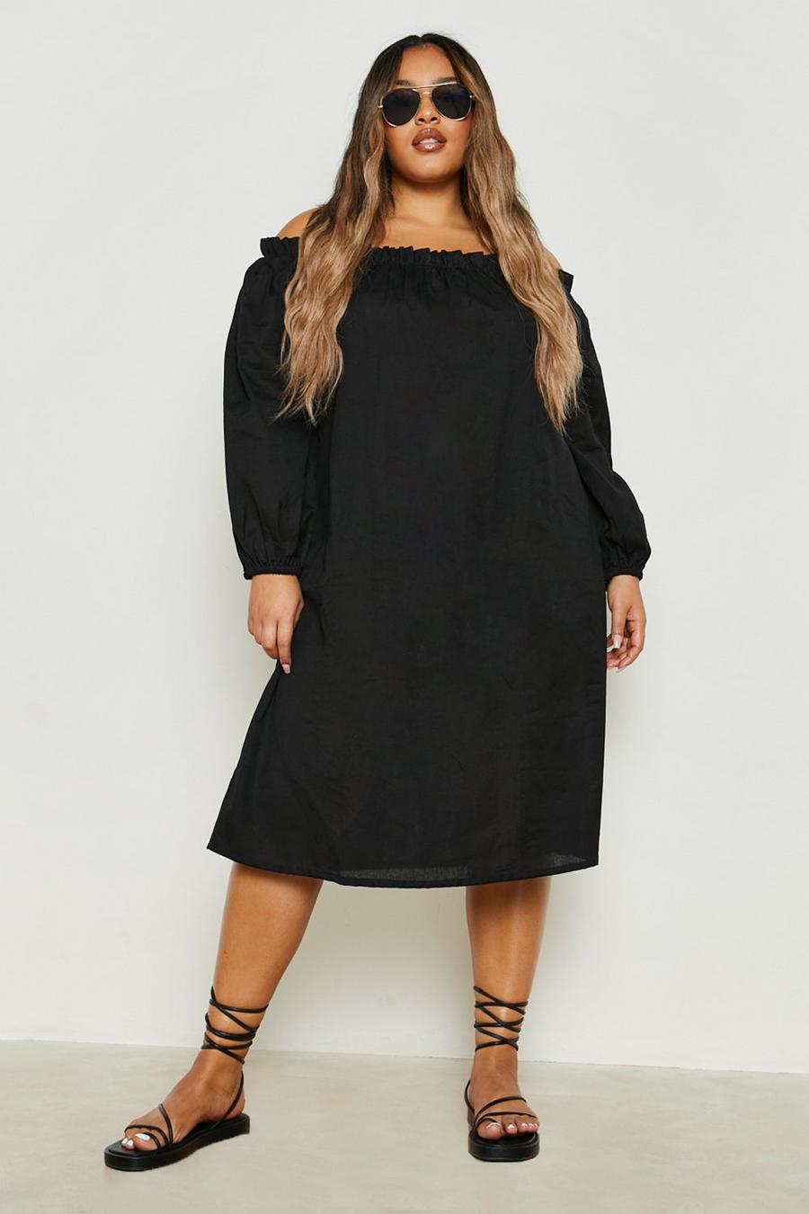 Black Plus Linen Bardot Midi Dress image number 1