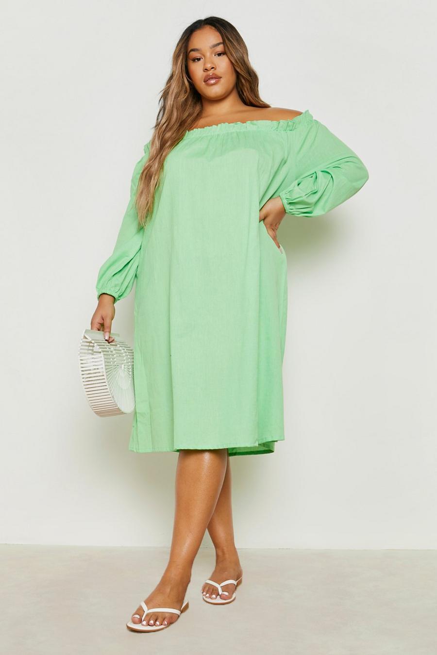 Green Plus Linen Bardot Midi Dress image number 1