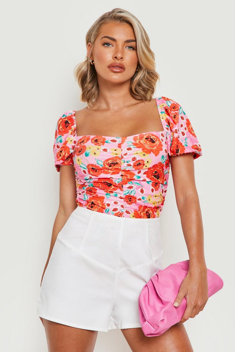 Pink Floral Puff Sleeve Sweetheart Neck Bodysuit