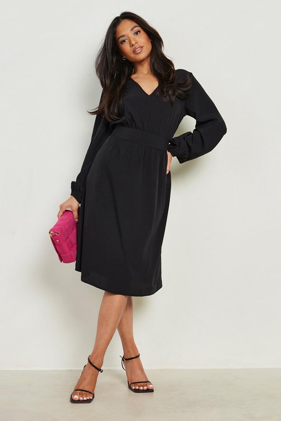 Black Petite Shirred Waist Midi Dress image number 1