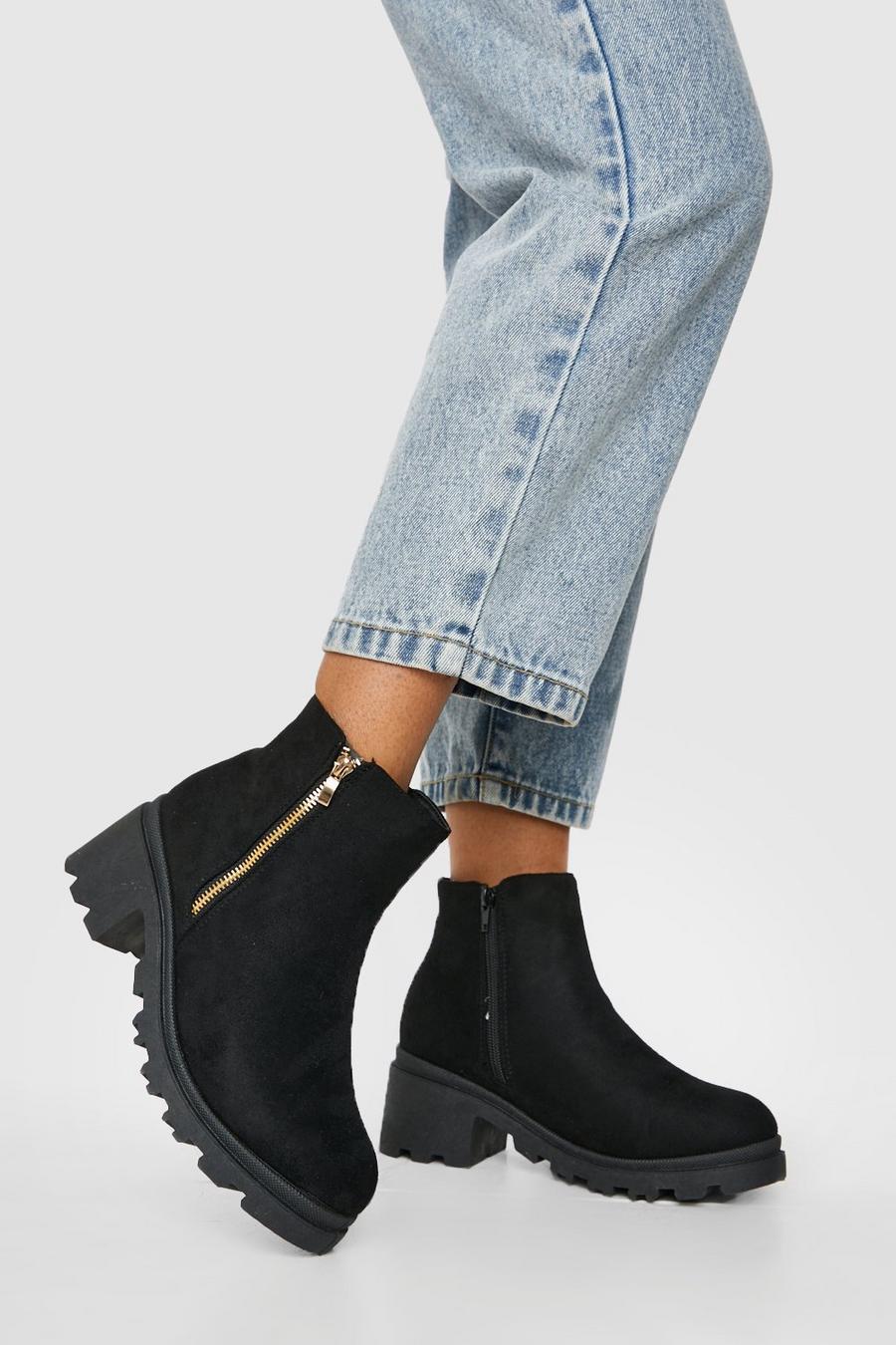 Black Wide Width Zip Detail Block Heel Chelsea Boots image number 1