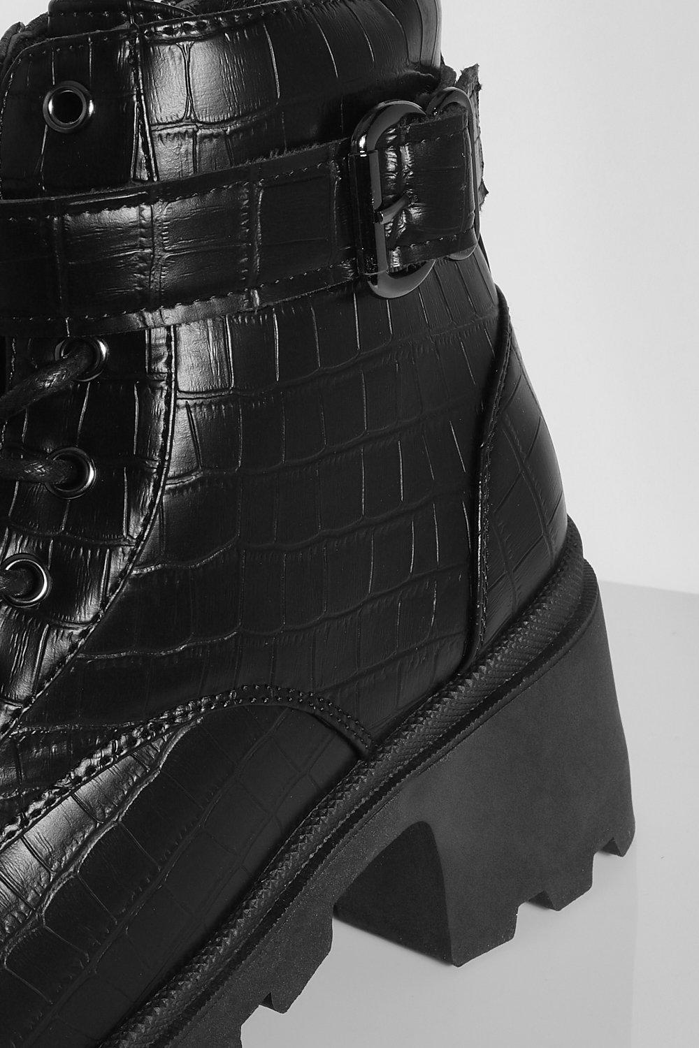 Buckle Detail Block Heel Croc Combat Boots