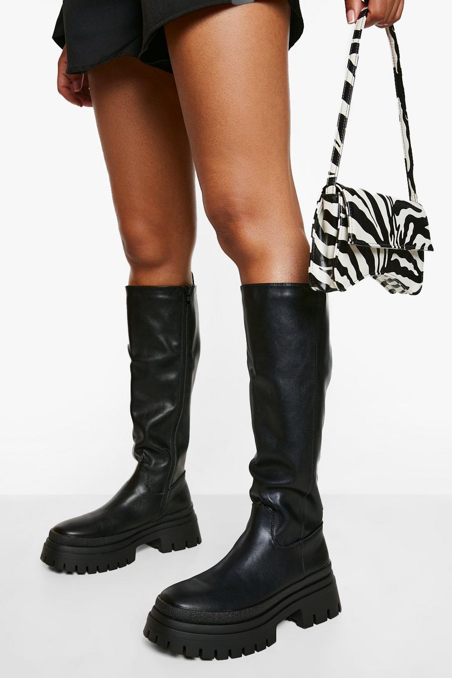 Black Wide Fit Knee High Chunky Sole Boot