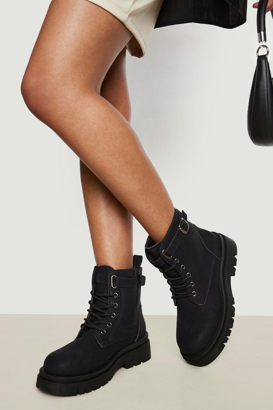 Black Wide Width Side Buckle Lace Up Combat Boots image number 1