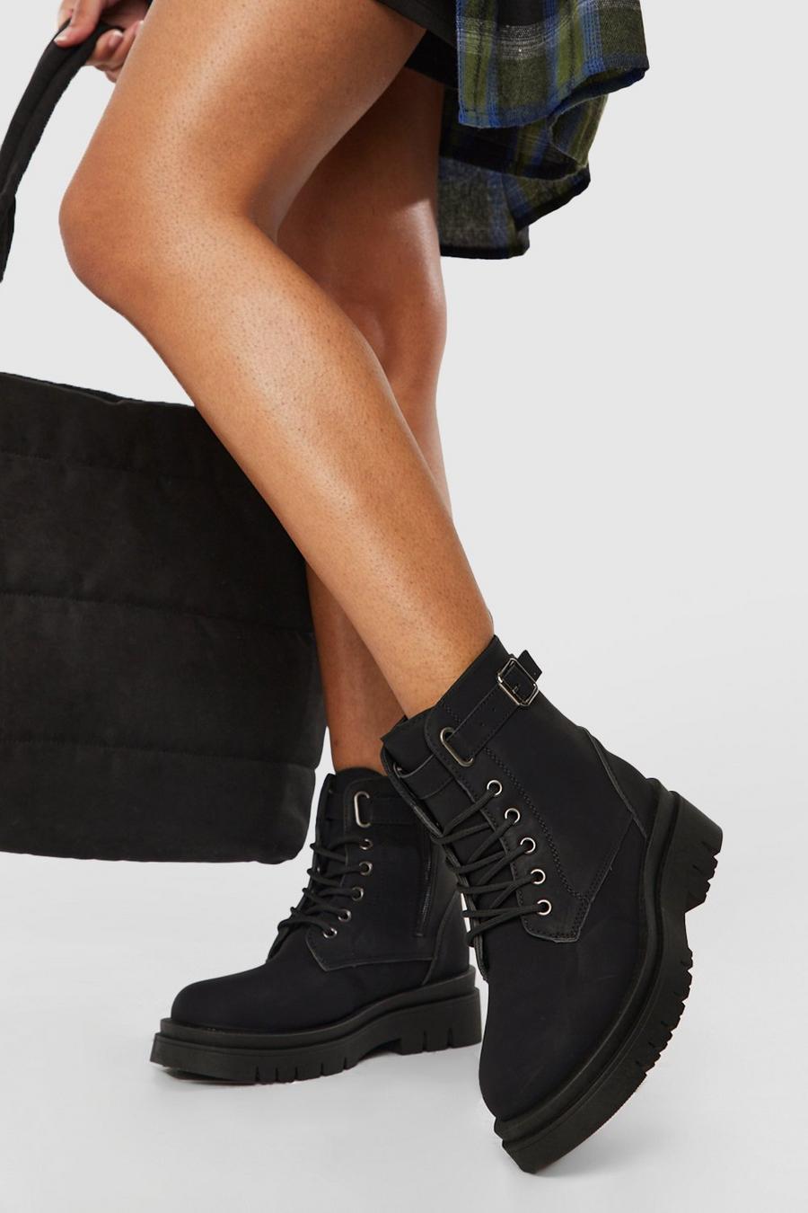 Black Side Buckle Lace Up Combat Boots image number 1