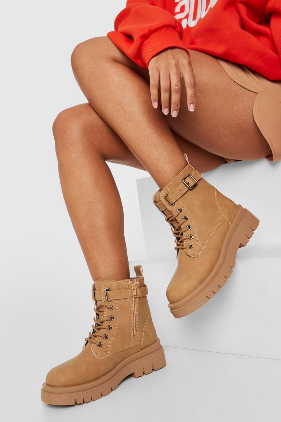 Sand beige Side Buckle Lace Up Hiker Boots