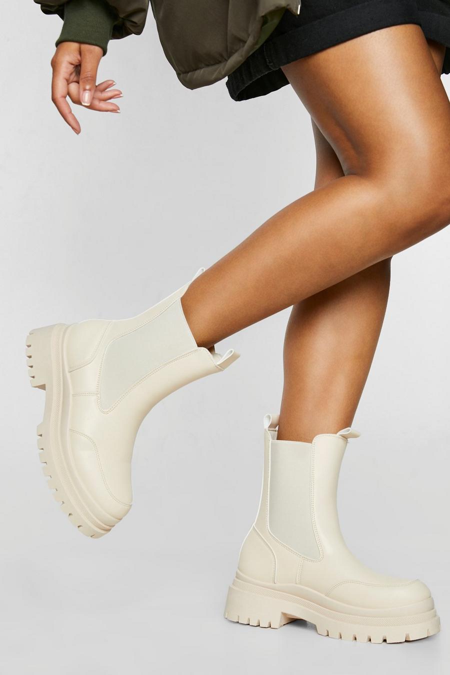 Cream white Dikke Chelsea Boots Met Golvende Zool