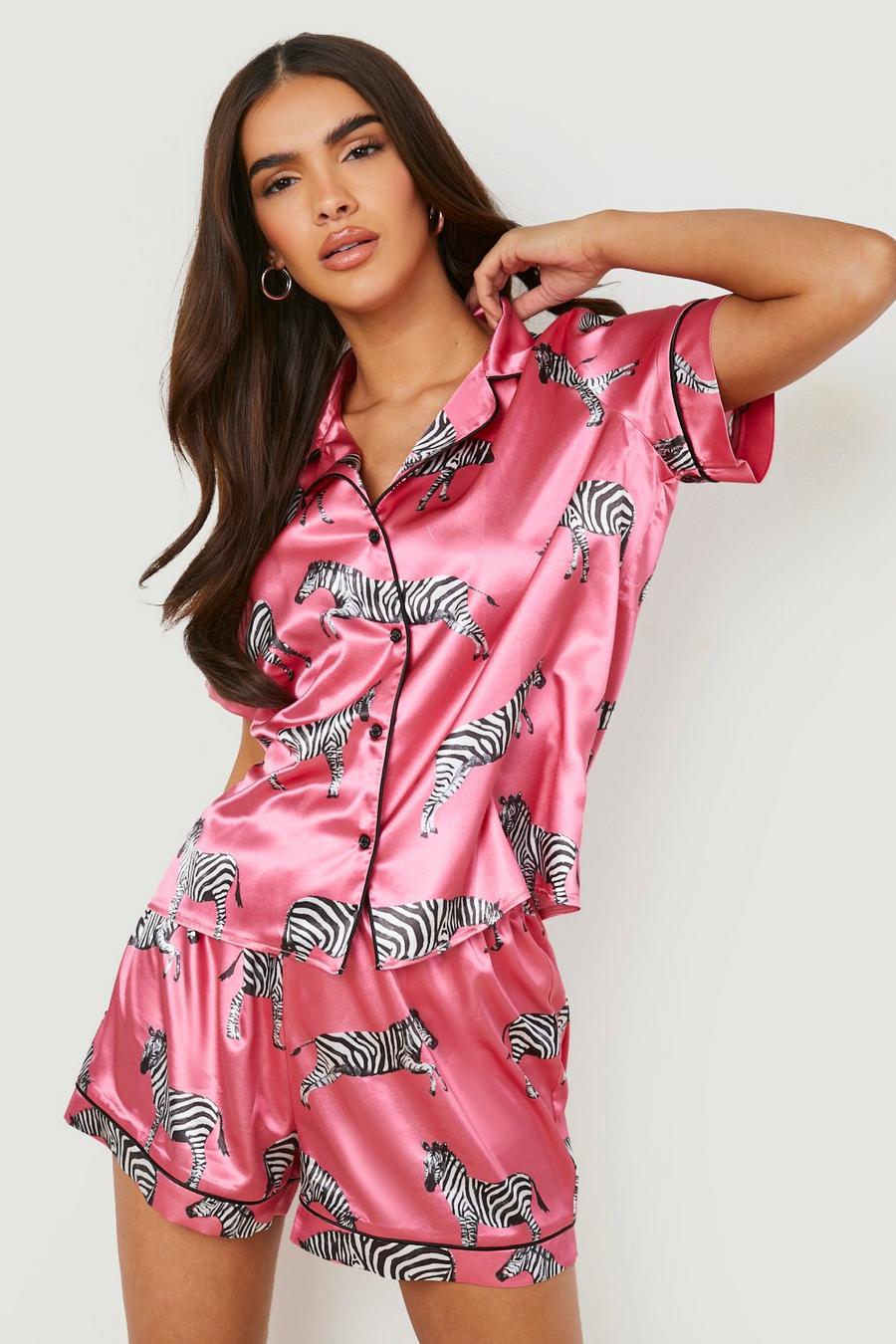 Pyjama satiné à imprimé zèbre avec short, Pink image number 1