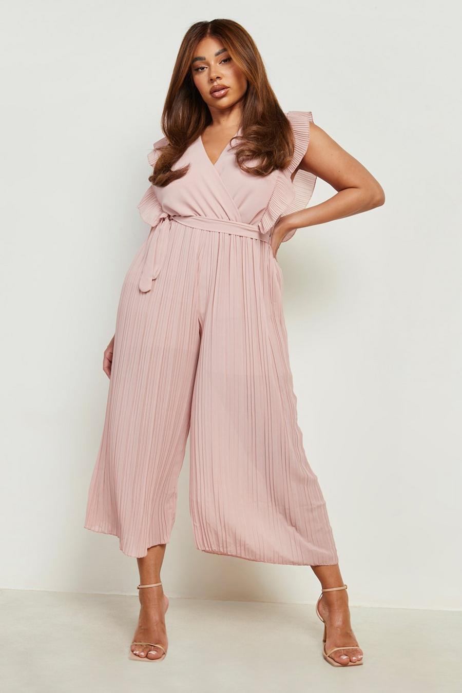 Blush pink Plus Pleated Frill Sleeve Tie Waist Culotte Jumpsuit image number 1