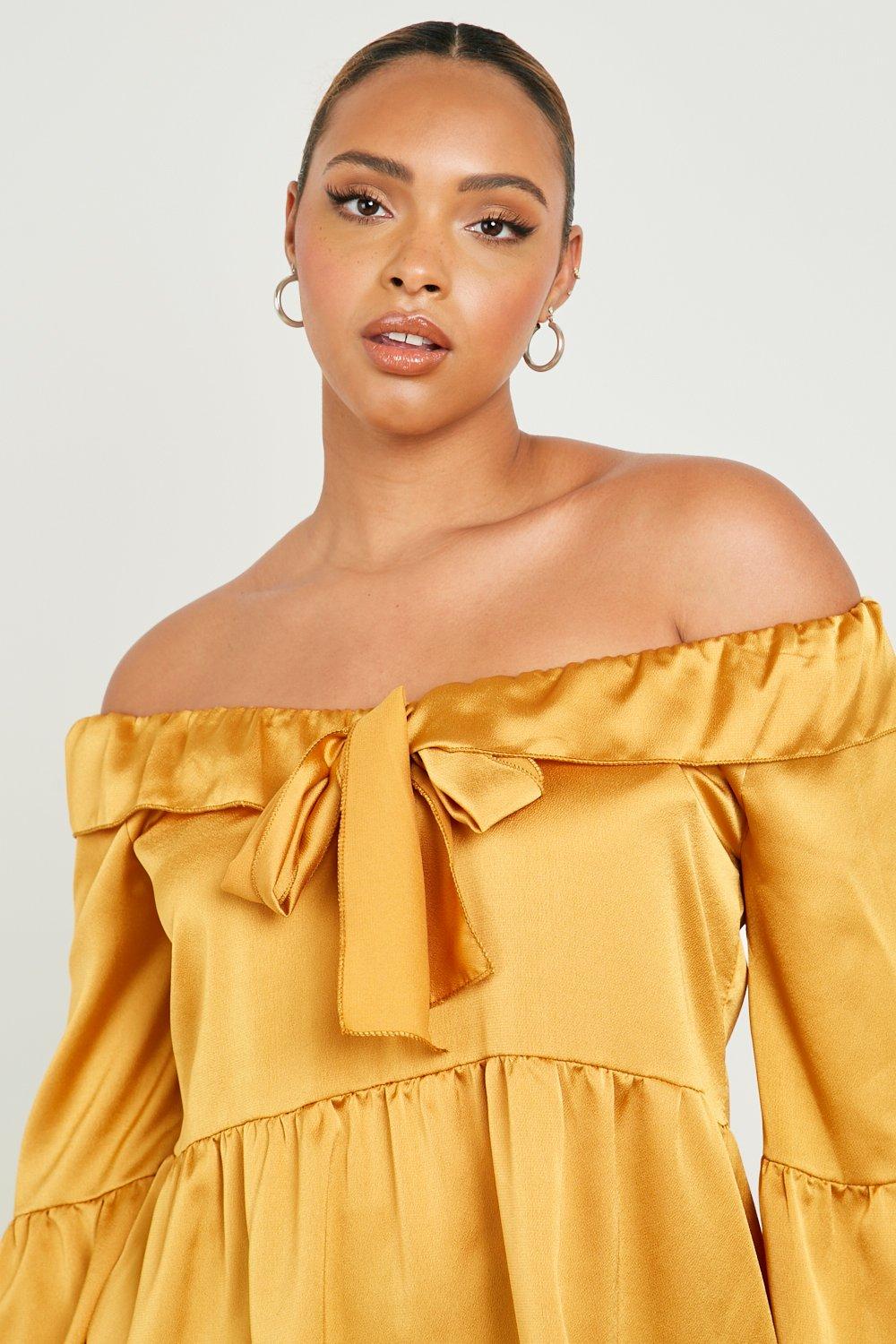 Mustard yellow off store the shoulder top