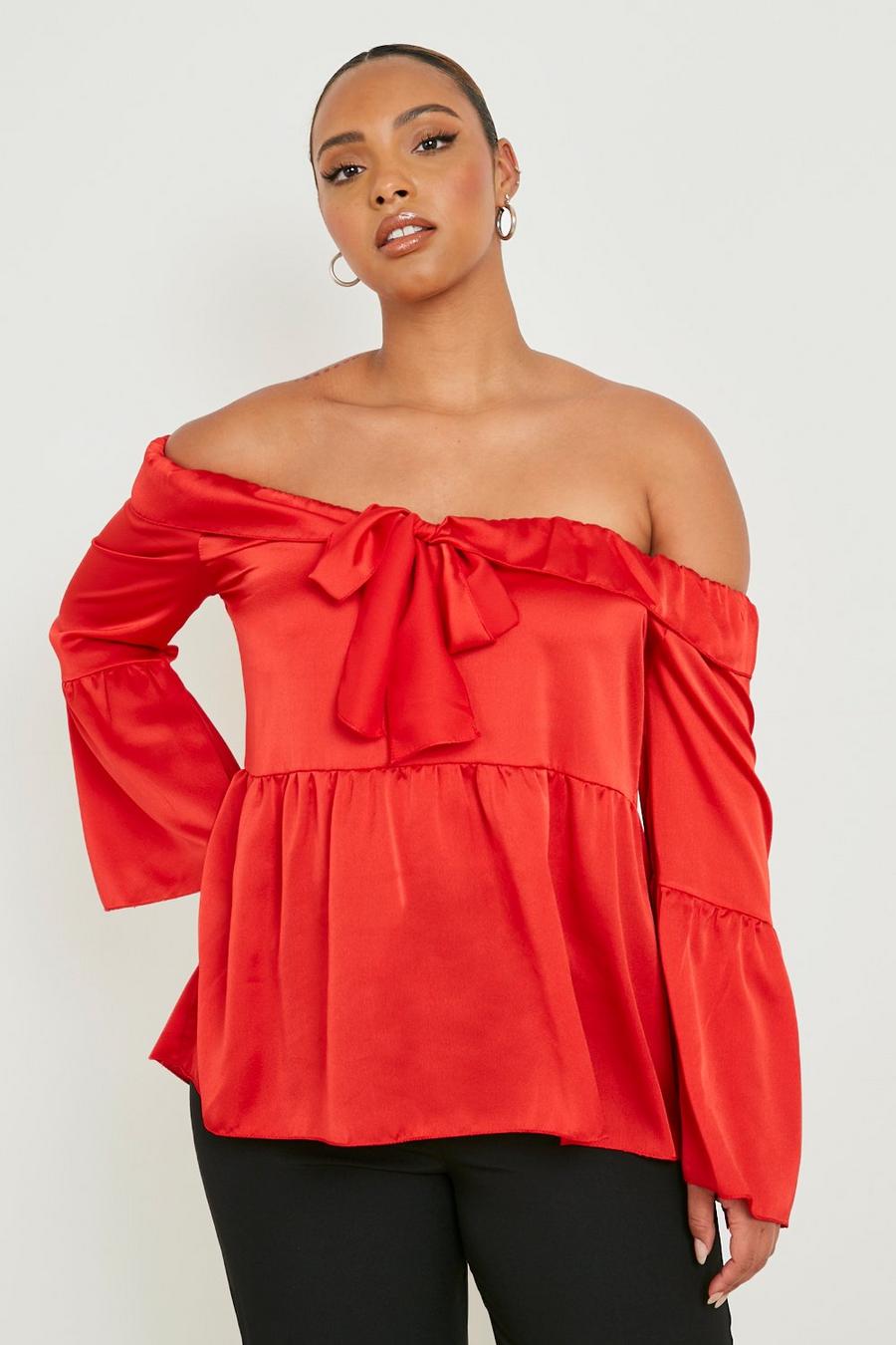 Red rot Plus Off Shoulder Tie Front Top