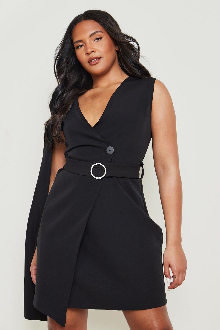 Black Plus Diamante Belt Cape Sleeve Blazer Dress image number 1