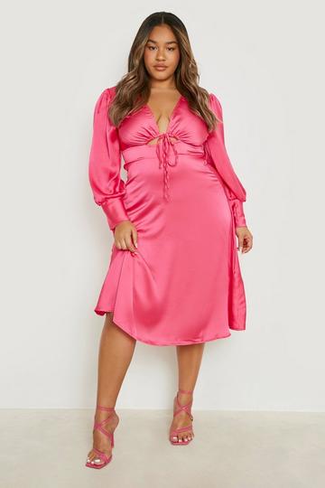 Plus Satin Keyhole Tie Midi Dress hot pink