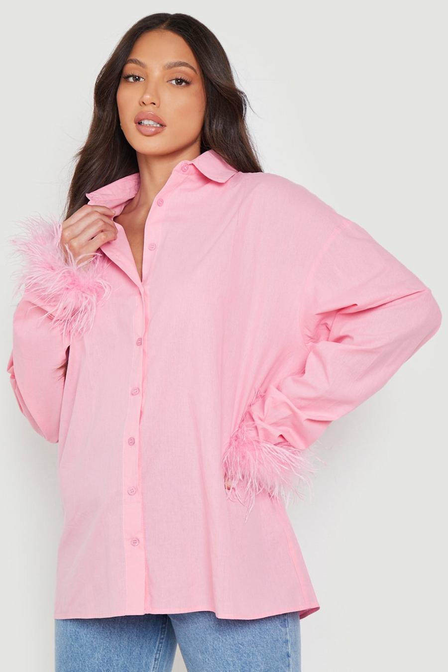 Pink Tall Poplin Feather Trim Shirt image number 1