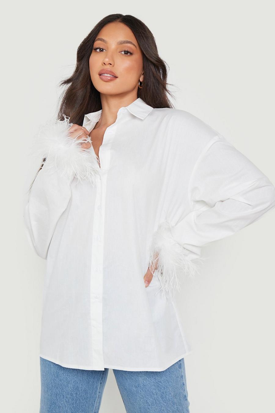 White Tall Poplin Feather Trim Shirt image number 1