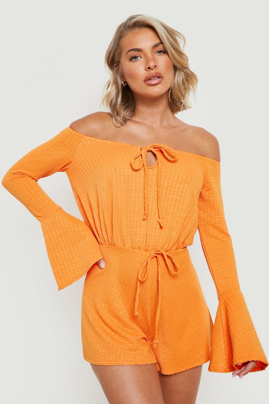 Orange Crinkle Bardot Flare Sleeve Playsuit