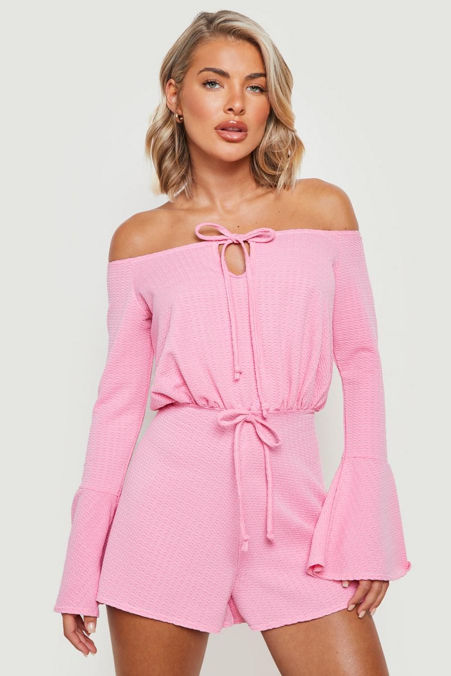 Pink Crinkle Bardot Flare Sleeve Playsuit