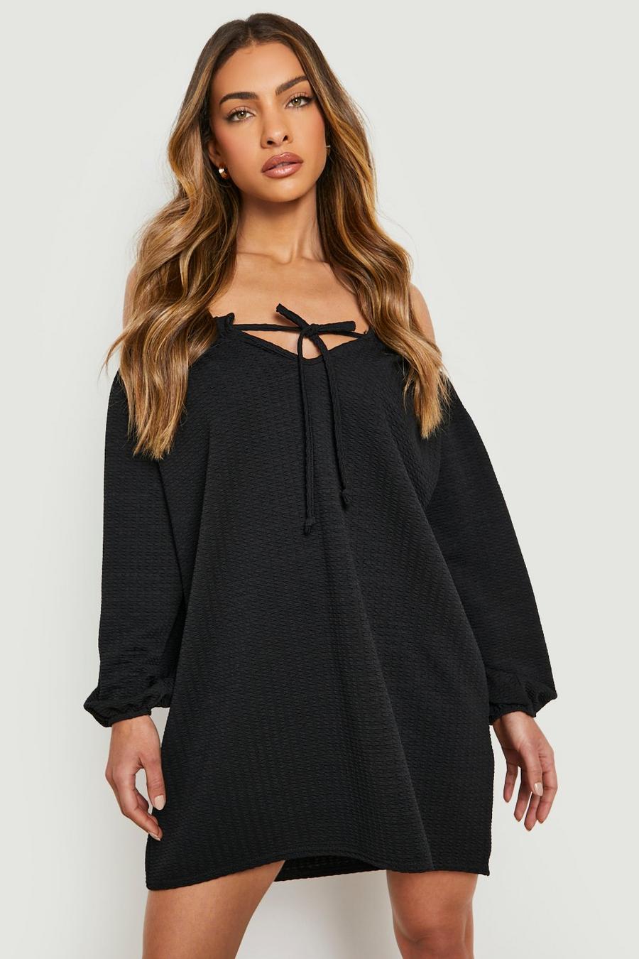 Black Crinkle Bardot Volume Sleeve Dress image number 1