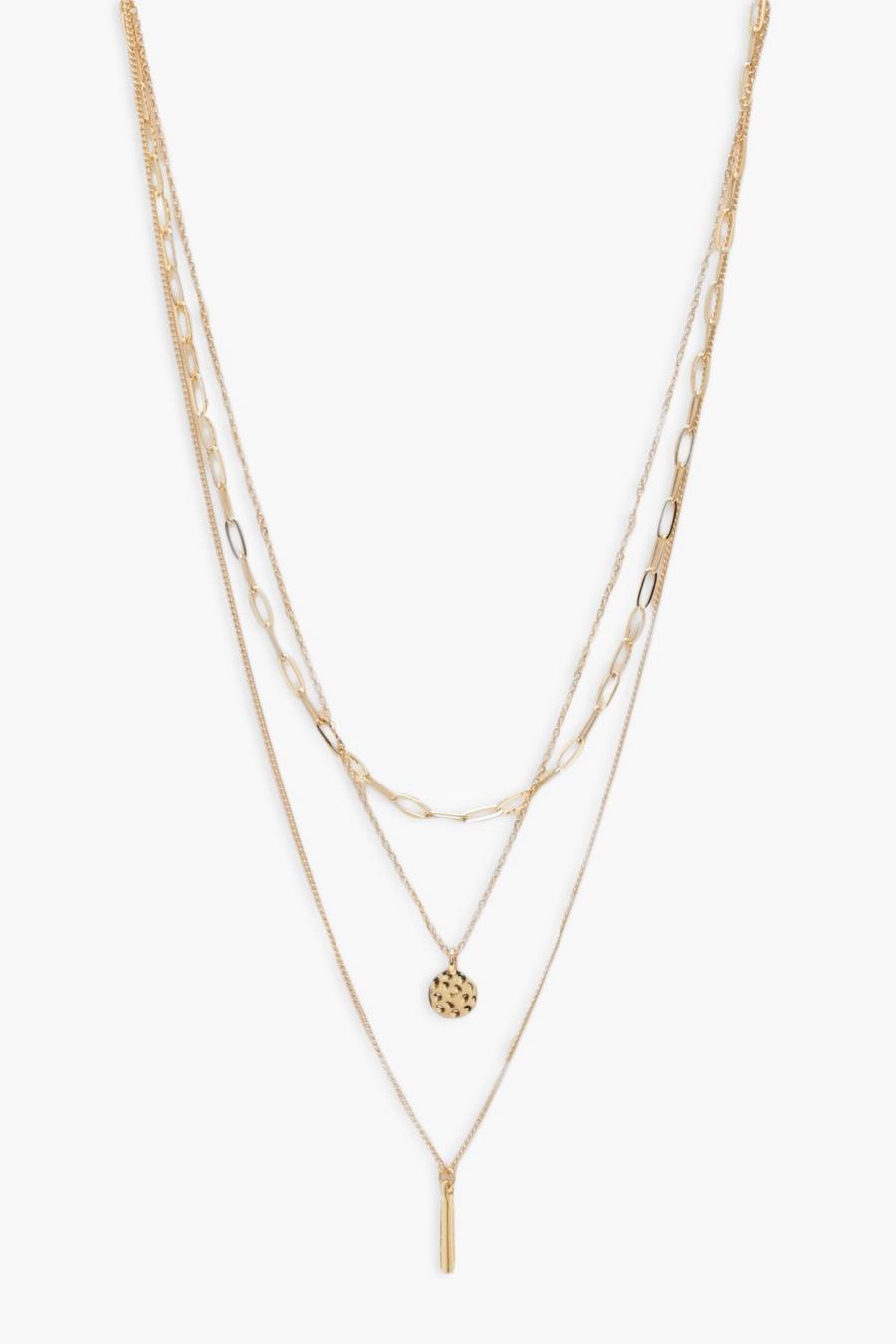 Gold metallic Triple Layering Chain Circle Pendant Necklace 