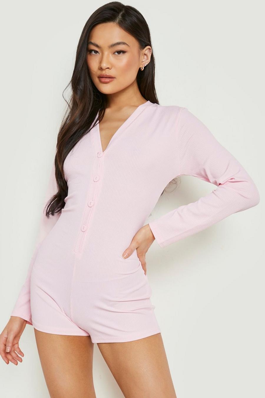 Pink Rib Button Up Lounge Romper  image number 1