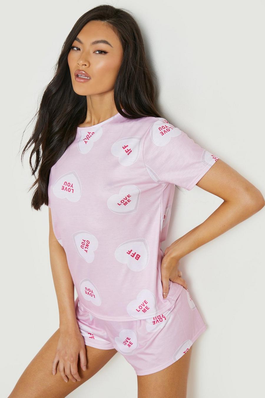 Pijama corto con estampado de corazón, Pink rosa
