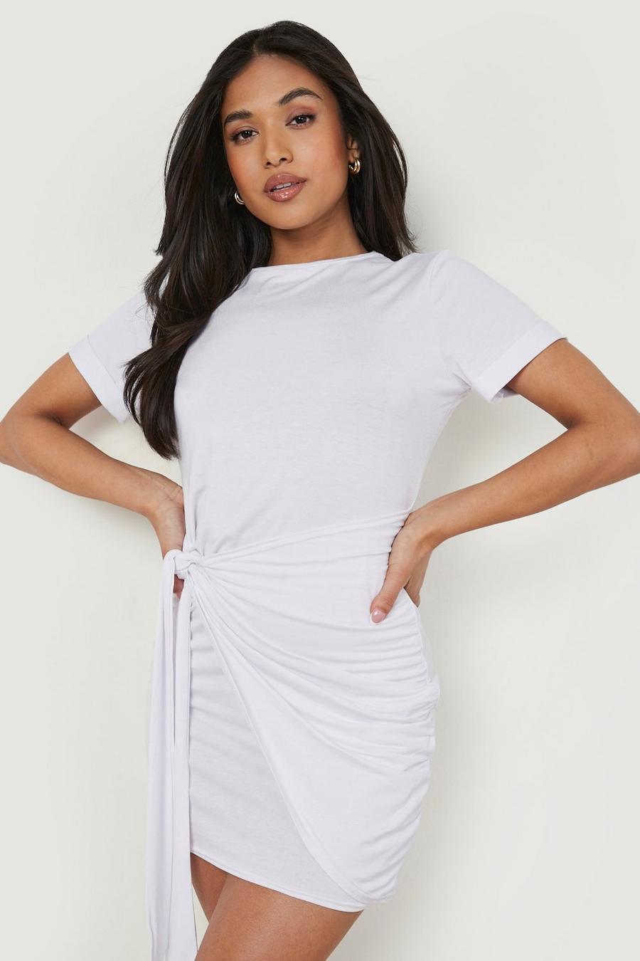 White Petite Wrap Tie Side T-shirt Dress