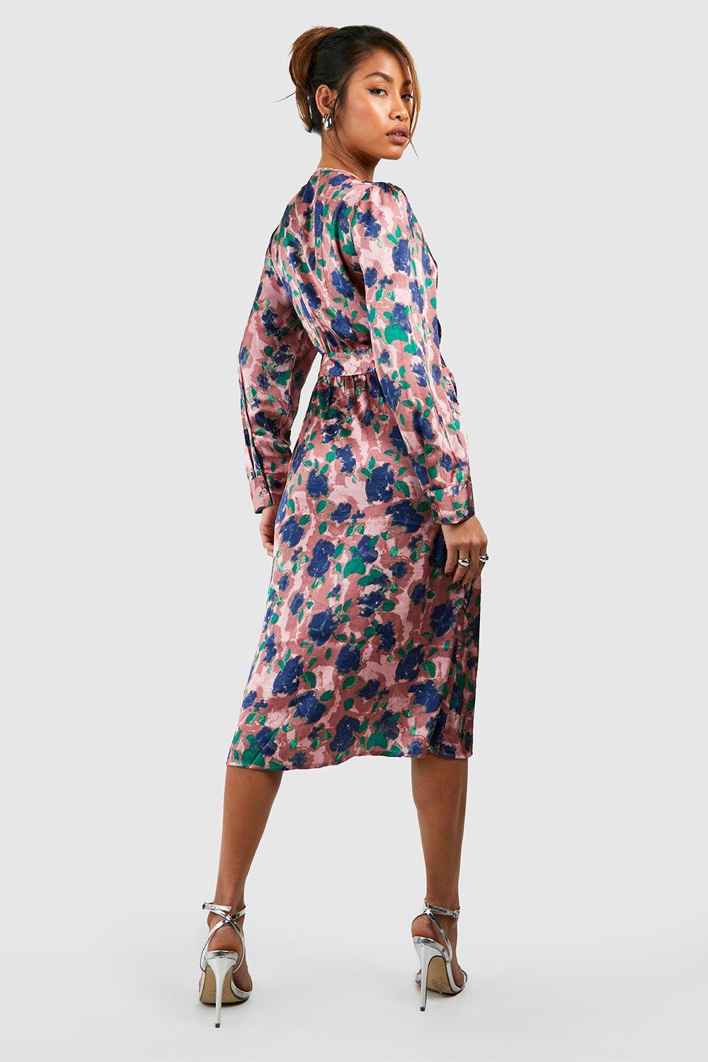 Women's Floral Print Satin Wrap Midi Dress | Boohoo UK