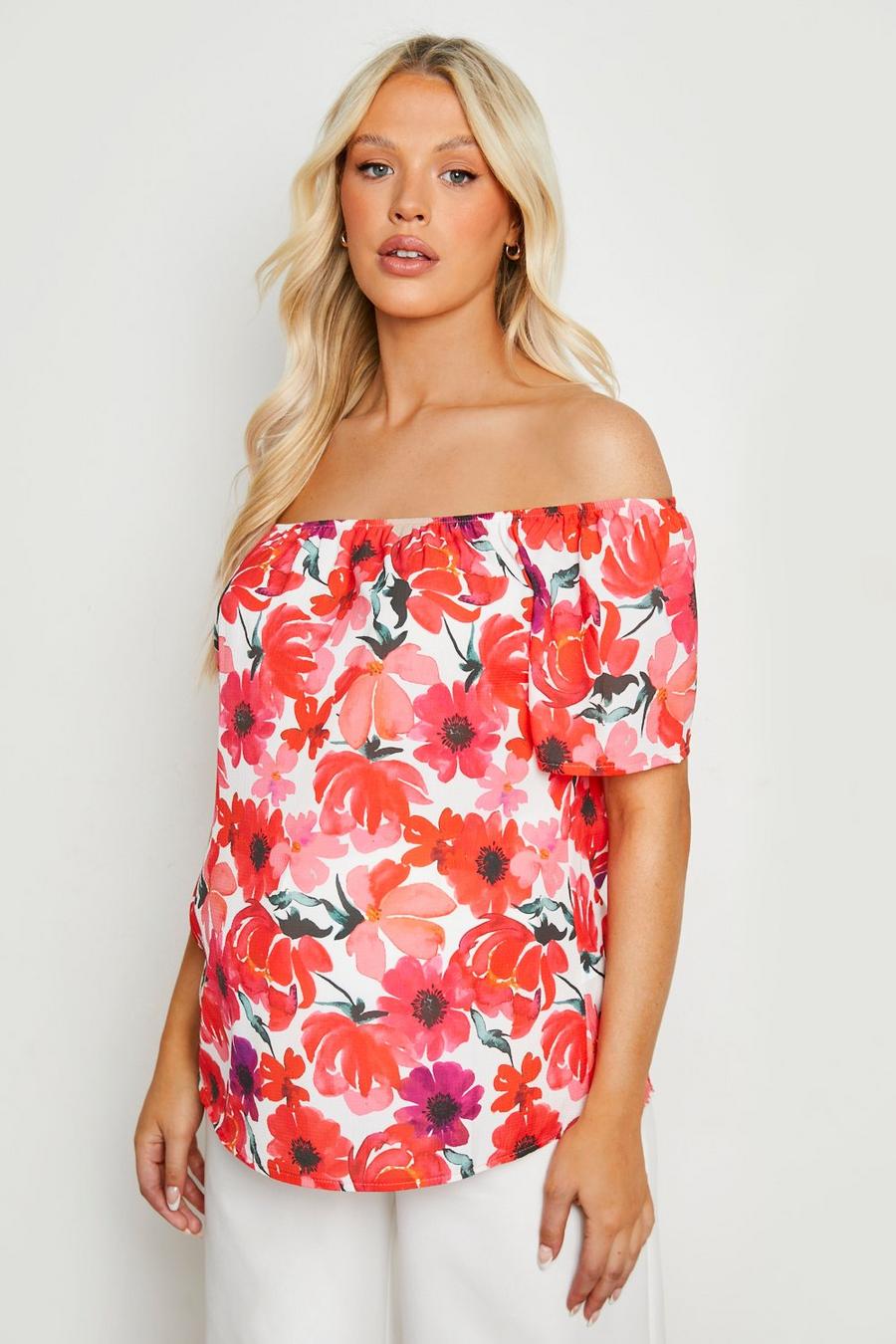 Red Maternity Floral Frill Sleeve Bardot Top