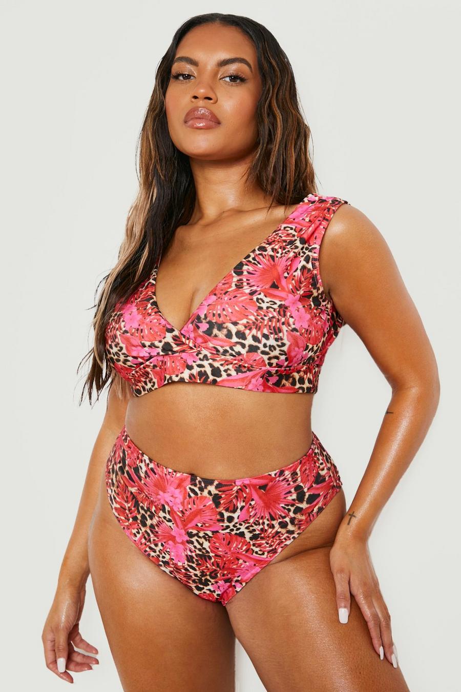 Slip bikini Plus Size a vita alta in fantasia tropicale leopardata, Red rosso