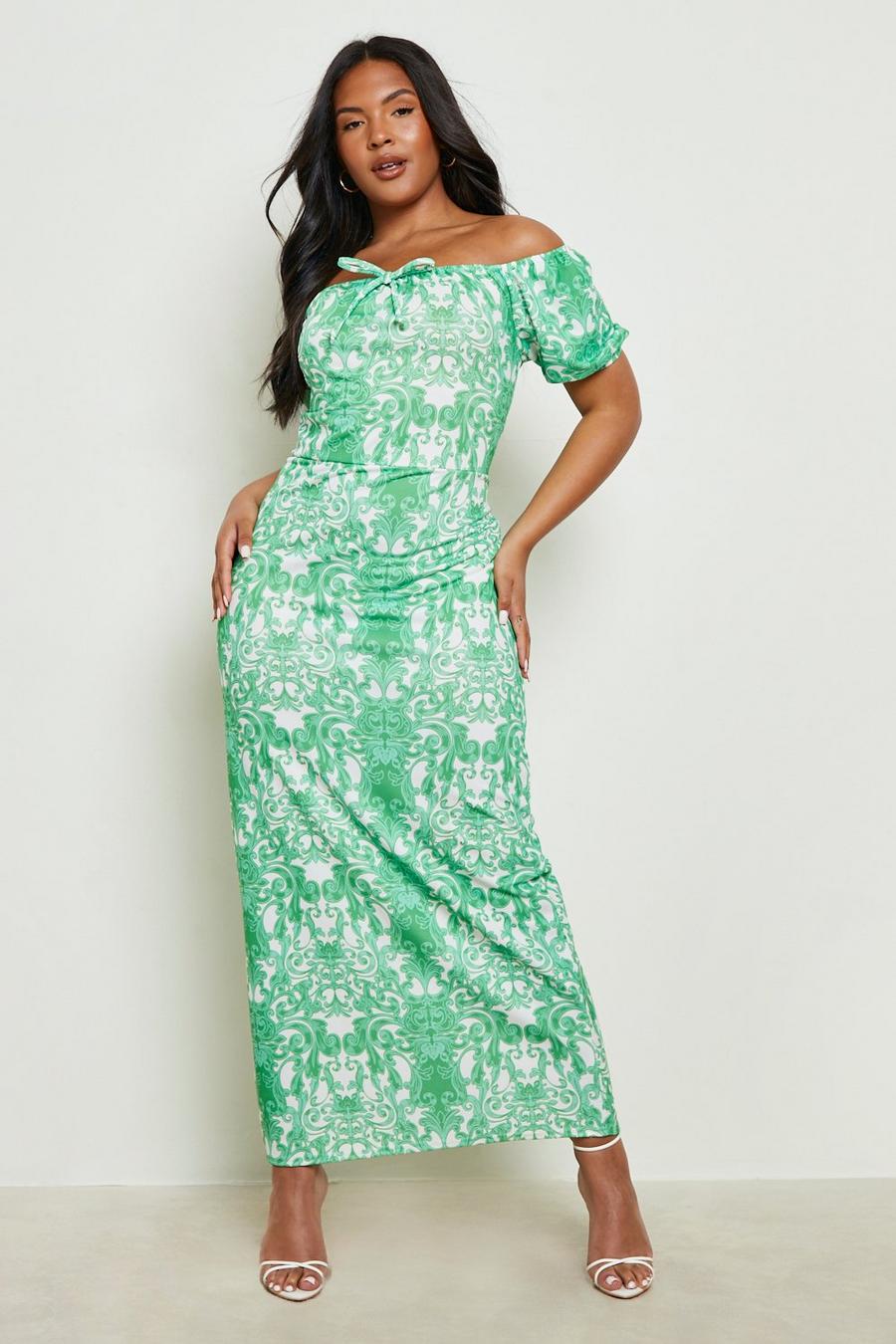 Green Plus Porcelain Print Bardot Maxi Dress image number 1