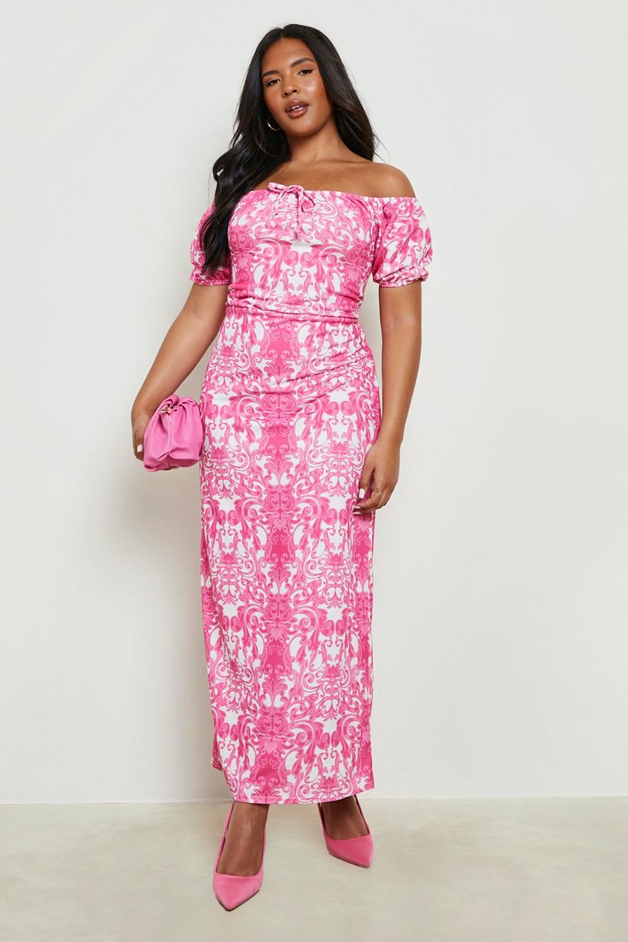 Pink Plus Porcelain Print Bardot Maxi Dress image number 1