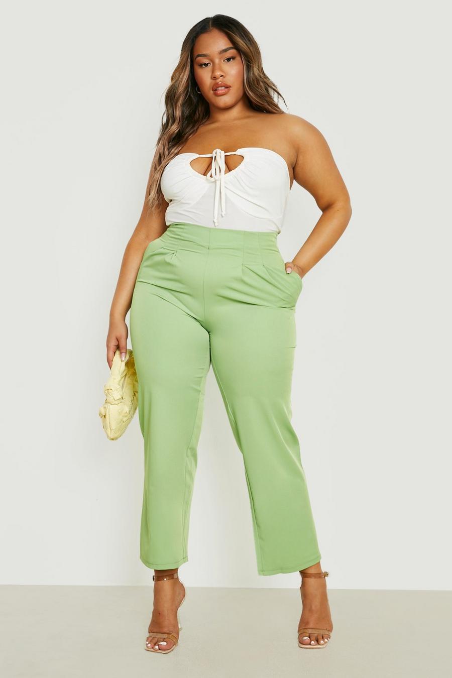 Lime green Plus Woven Pleat Front Relaxed Fit Trousers