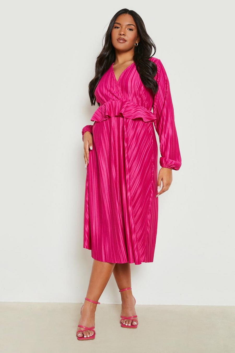 Hot pink Plus Plisse Ruffle Detail Midi Dress  image number 1