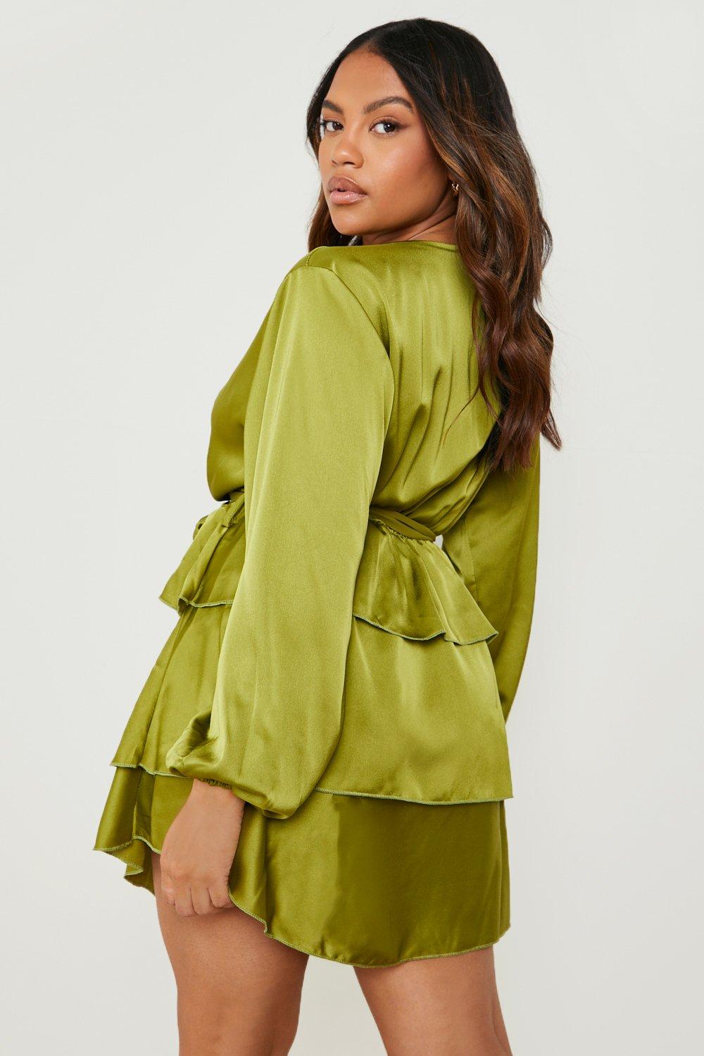 Satin Ruffle Wrap Detail Skater Dress