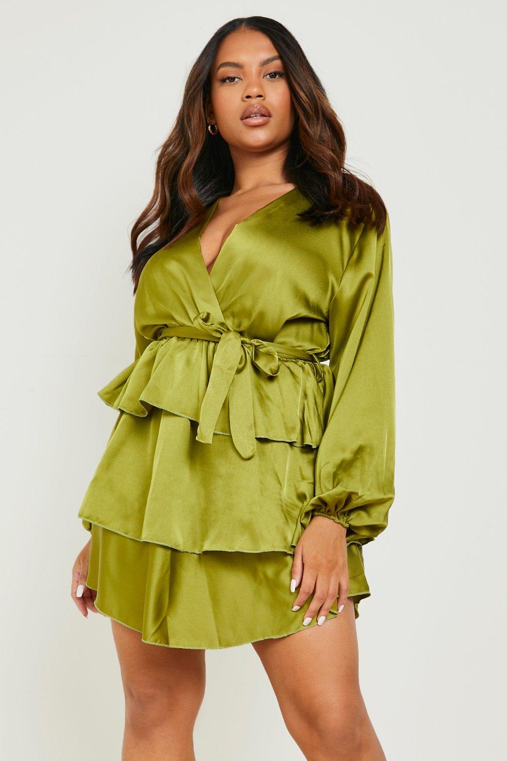 Women's Satin Ruffle Wrap Detail Skater Dress