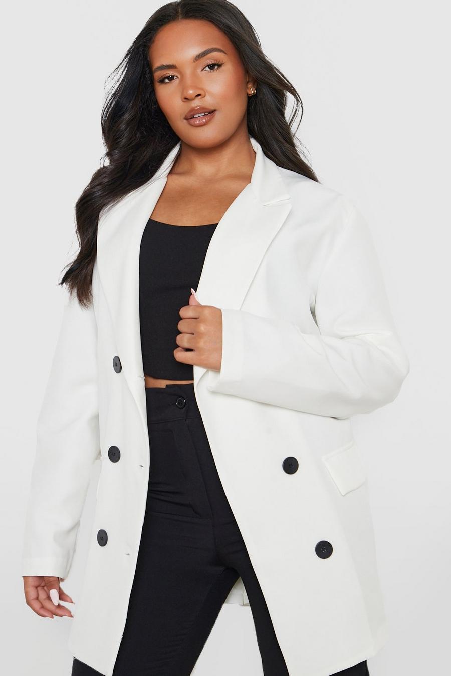 White Plus Contrast Button Detail Oversized Blazer image number 1