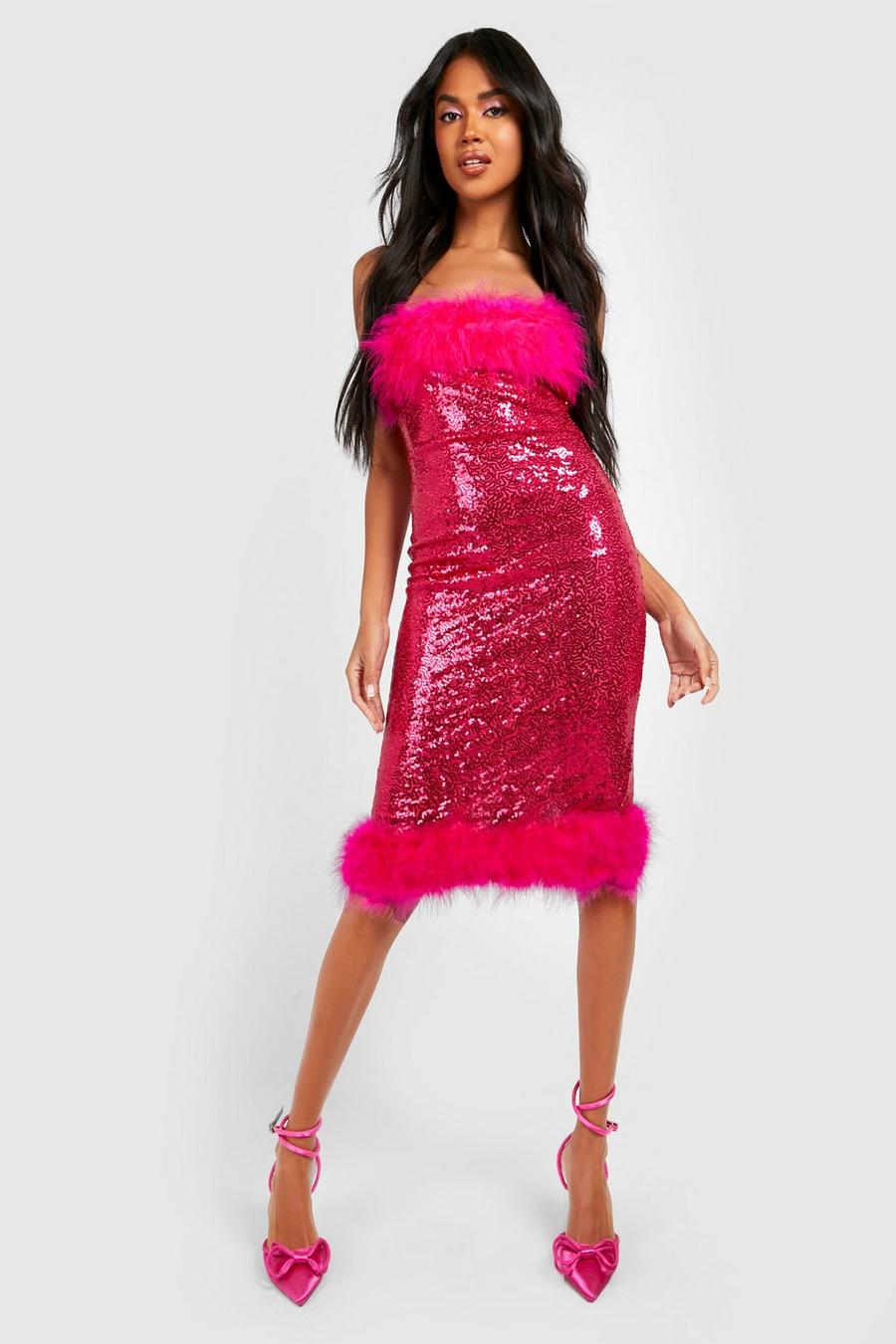 Hot pink Sequin Feather Detail Bandeau Midi Dress image number 1