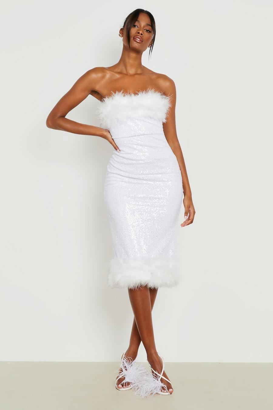 White Sequin Feather Detail Bandeau Midi Dress image number 1