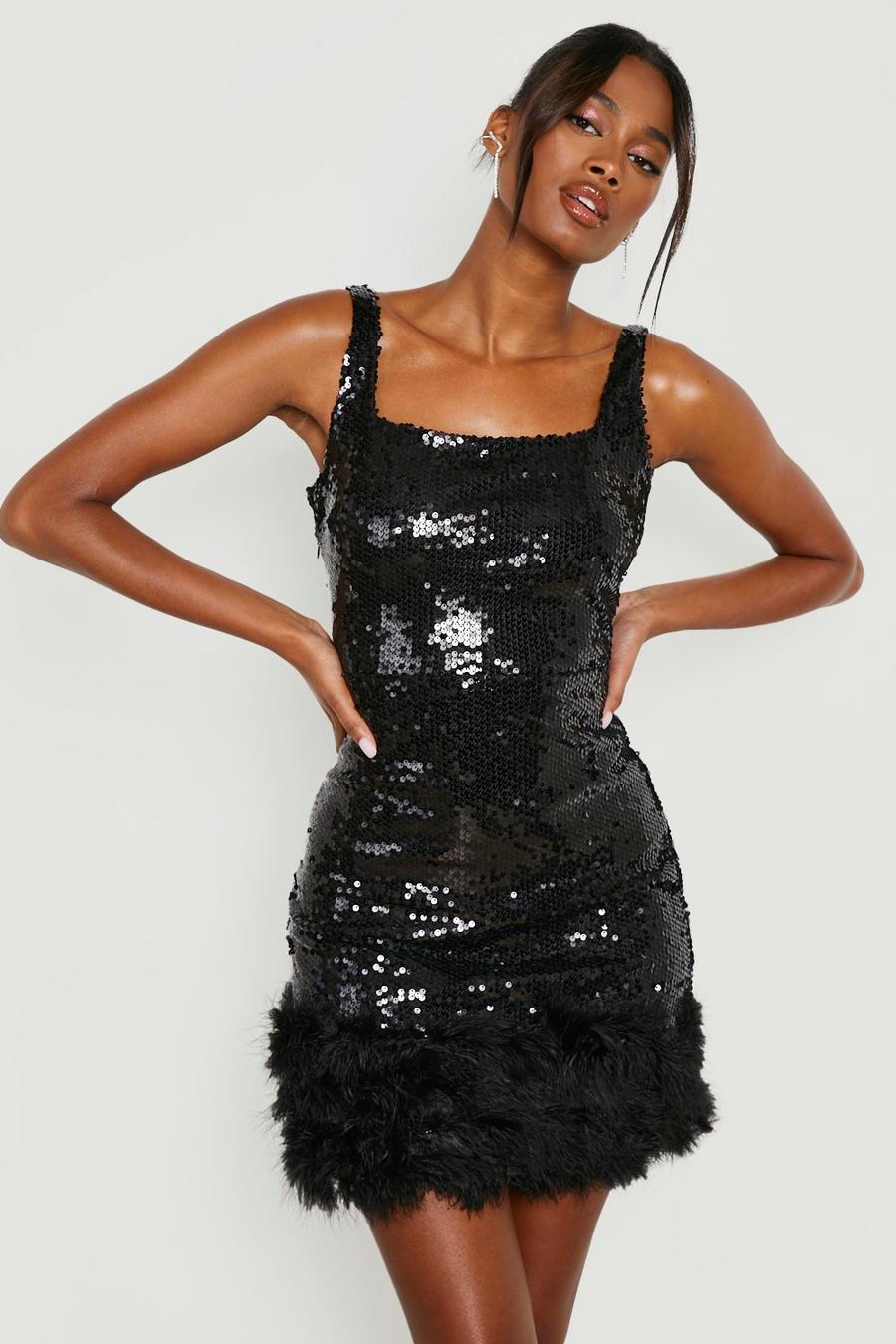 Black Sequin Feather Hem Mini Dress image number 1