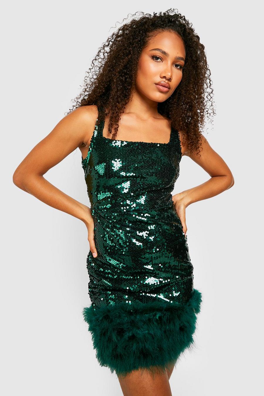 Emerald Sequin Feather Hem Mini Dress