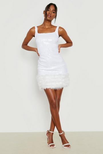 Sequin Feather Hem Mini Dress white