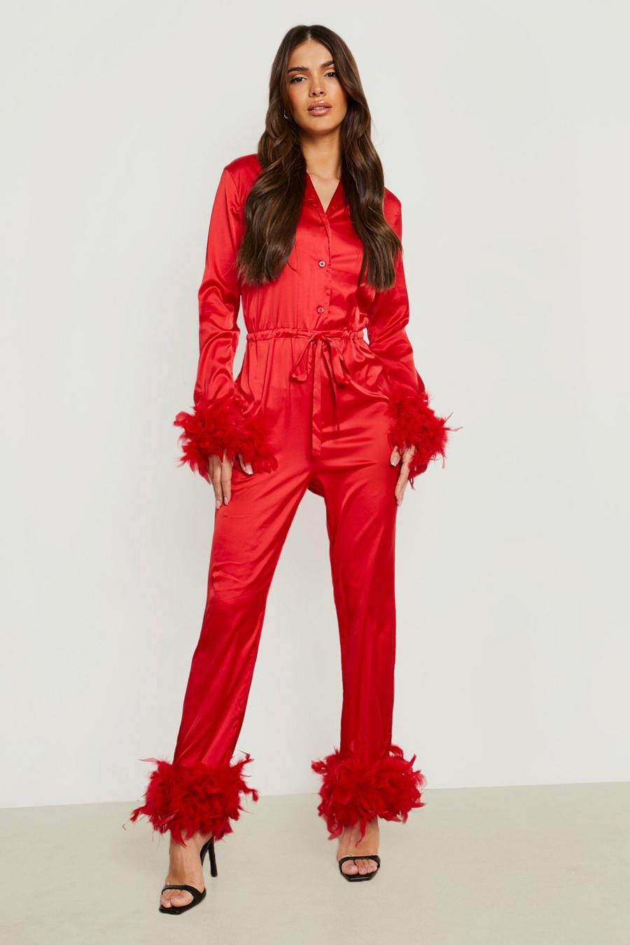 Red Satin Feather Detail Jumpsuit